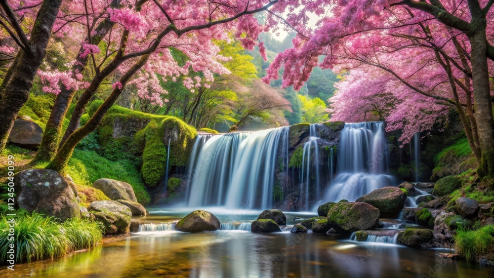 Waterfall cascading through a forest with cherry blossom-like sakura flowers, serene scenery, foliage Waterfall cascading through a forest with cherry blossom-like sakura flowers, serene scenery, foliage