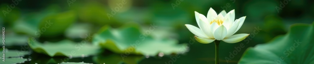 Obraz premium Delicate white lotus stem emerging from the water surface, leafy, foliage, serene