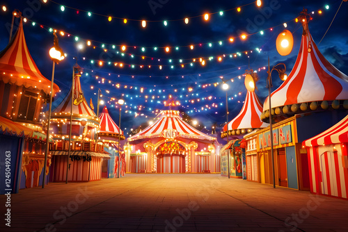 Whimsical carnival midway glows under string lights at night, creating a festive and magical atmosphere.