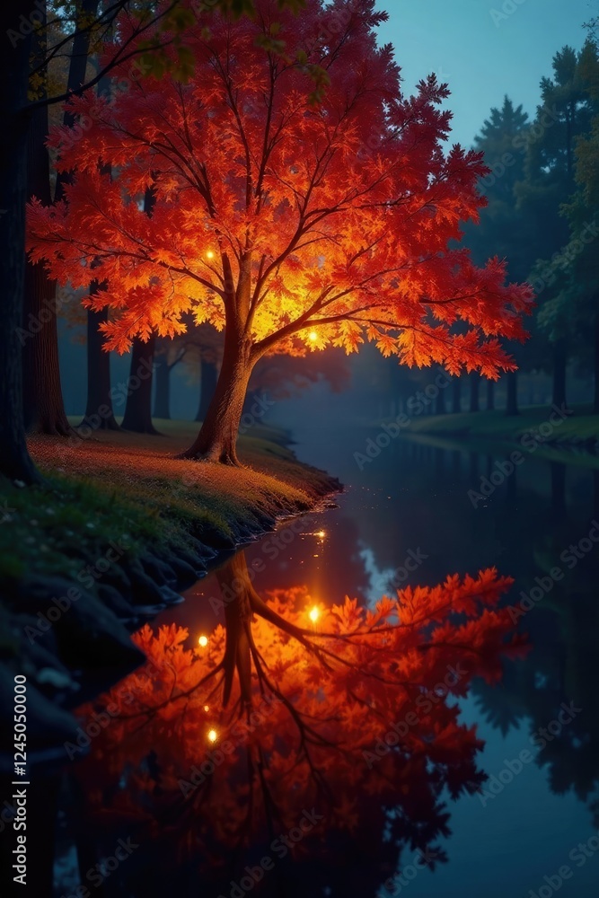 Glowing tree leaves reflect the soft glow of a nearby glowing tree like a mirrored effect, glowing, reflection Glowing tree leaves reflect the soft glow of a nearby glowing tree like a mirrored effect, glowing, reflection