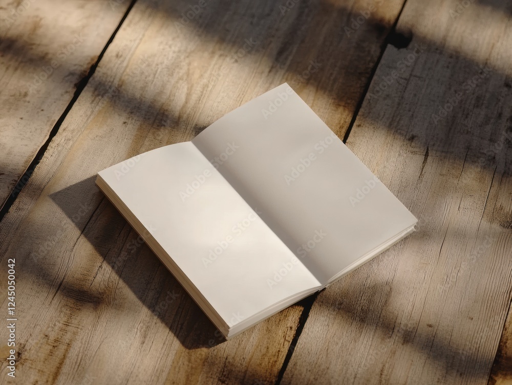 Fototapeta premium Blank Notebook Open on Rustic Wooden Table Surface with Sunlight Shadows Creating Atmospheric Feel