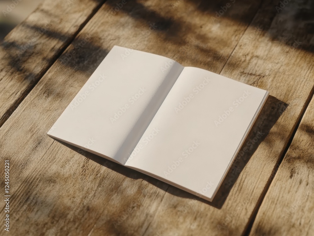 Blank Open Book Laying on Rustic Wood Table Surface Underneath Sunlight and Tree Branches Shade