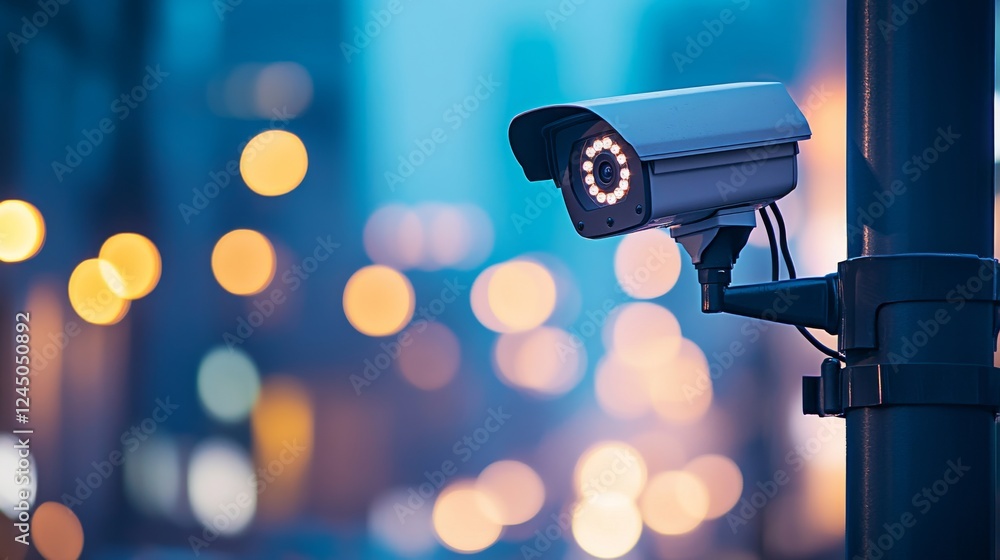A detailed view of a high-tech security camera with motion sensors mounted on an urban street pole.