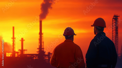 image captures two workers observing industrial landscape at sunset, showcasing oil and gas industry. vibrant colors of sky create dramatic backdrop, highlighting workers silhouettes