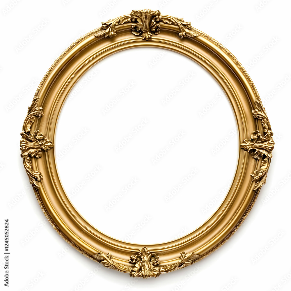 Elegant Oval Golden Frame with Ornate Details Isolated on White Background Elegant Oval Golden Frame with Ornate Details Isolated on White Background