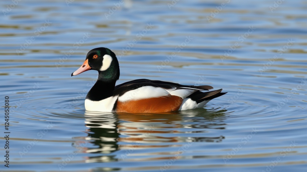 Colorful duck swimming in a serene pond during a sunny day in early spring Colorful duck swimming in a serene pond during a sunny day in early spring