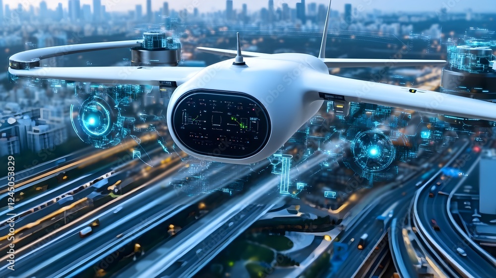 Obraz premium futuristic drone flying over city highway - smart city