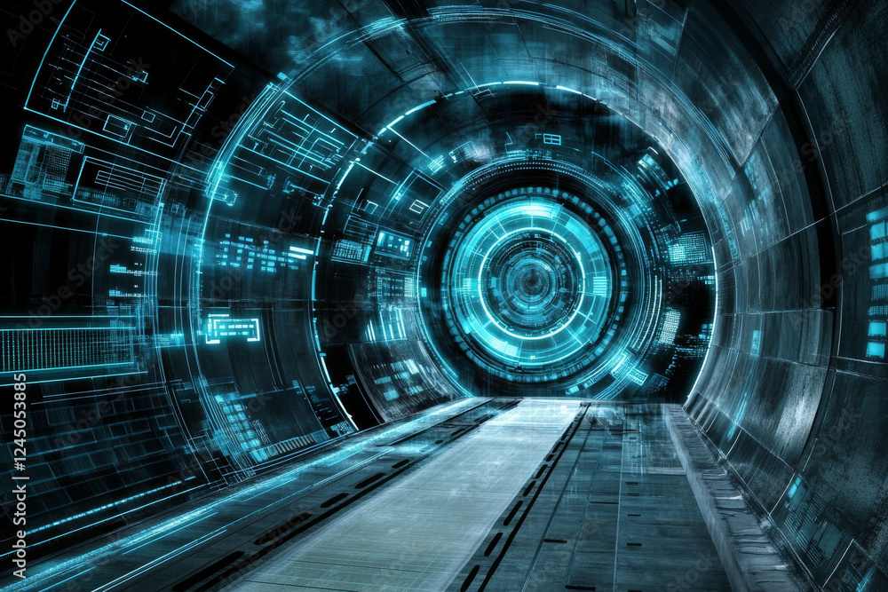 Futuristic digital tunnel with glowing blue lights Futuristic digital tunnel with glowing blue lights