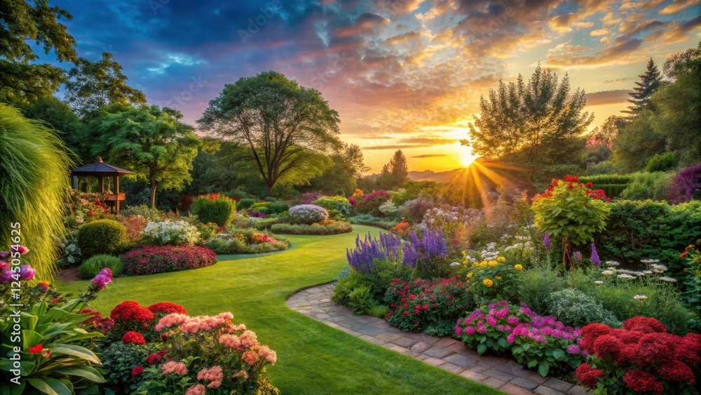 Fototapeta premium serene garden at sunset with vibrant flowers and lush greenery