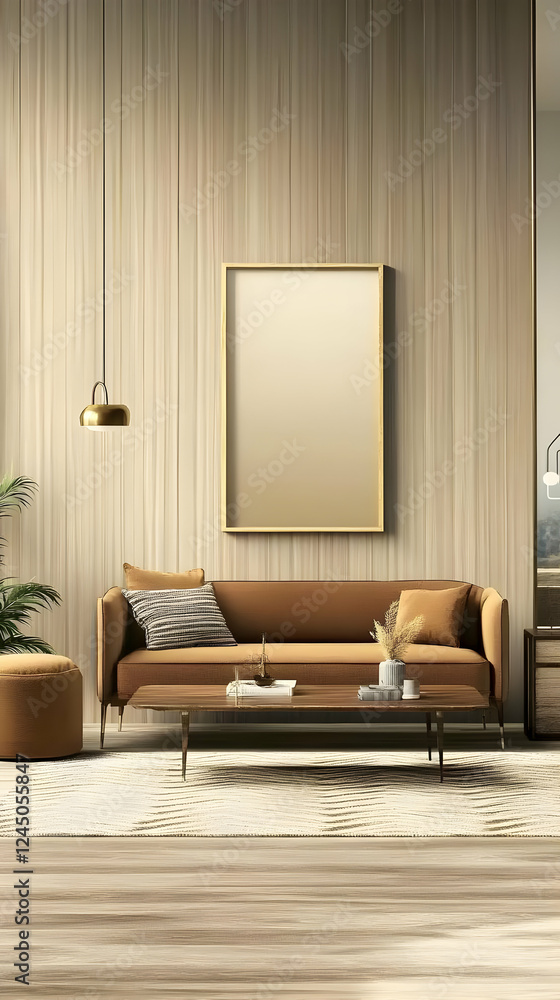 Fototapeta premium Modern Living Room Interior Features a Sofa, Coffee Table, and Decor on a Wooden Floor with Accent Wall