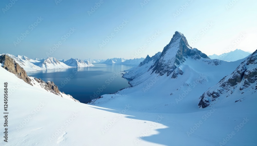 Obraz premium Snowy peak with icy ridgeline and frozen lake in the background, ice, snowflake, wilderness