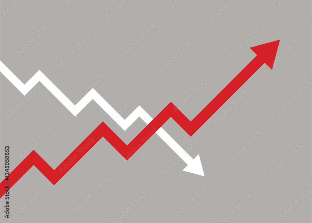 Business Arrow Rising Steadily but Followed by a Falling Arrow in the Background, Depicting Uncertain Market Conditions Business Arrow Rising Steadily but Followed by a Falling Arrow in the Background, Depicting Uncertain Market Conditions