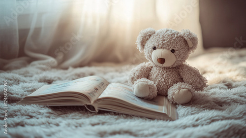 Plush teddy bear resting on soft beige fabric, cozy childhood nostalgia, warm neutral-toned comforting aesthetic