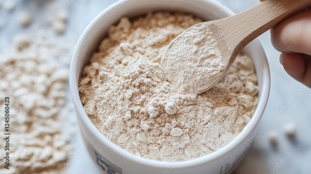 Wooden spoon scooping protein powder in a white bowl, healthy eating Wooden spoon scooping protein powder in a white bowl, healthy eating