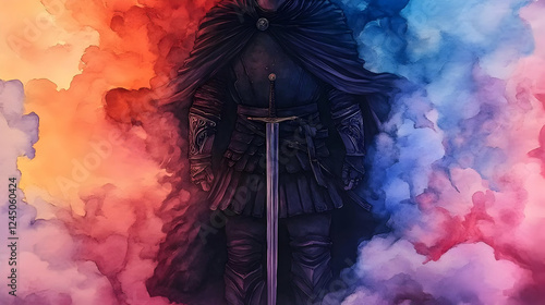 Knight Stands with Sword in...