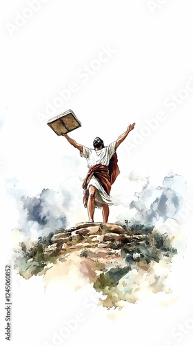 Man Raises Book on Mountain...