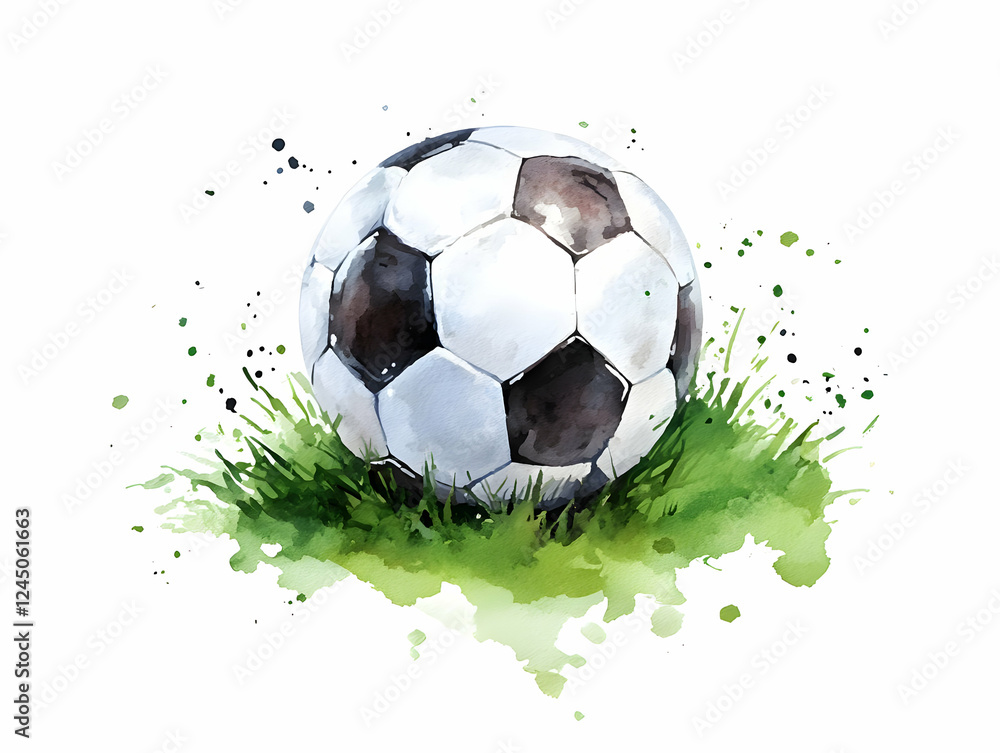 Fototapeta premium Watercolor Painting of a Soccer Ball on Lush Green Grass with Artistic Splashes