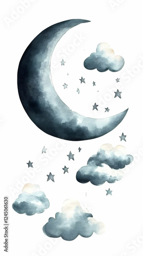 Watercolor Crescent Moon an...