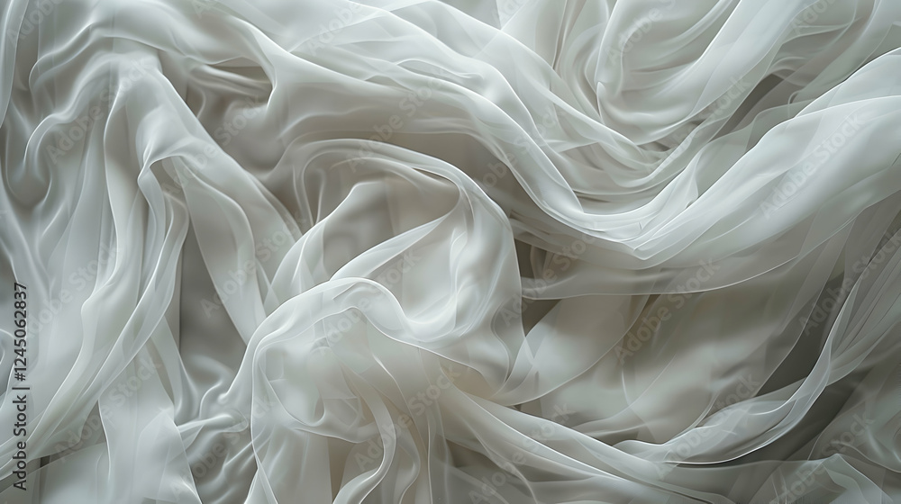 Fototapeta premium Soft, flowing white fabric draped elegantly, creating a serene backdrop for design projects