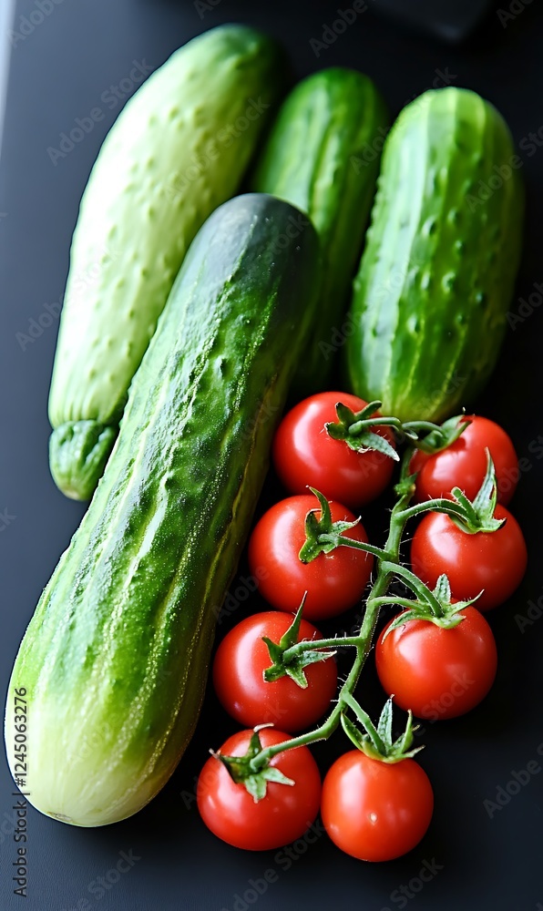 Fresh cucumbers, tomatoes on dark surface Fresh cucumbers, tomatoes on dark surface