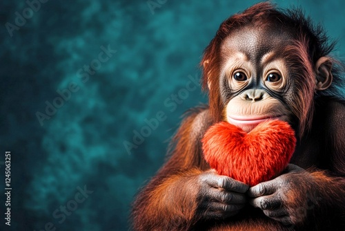 Cute orangutan baby with fluffy red heart - emblem of love, funny greeting card. Orangutan - my cherished animal. Ad campaign visual idea. Promotion concept art. Zoo couple photos. photo