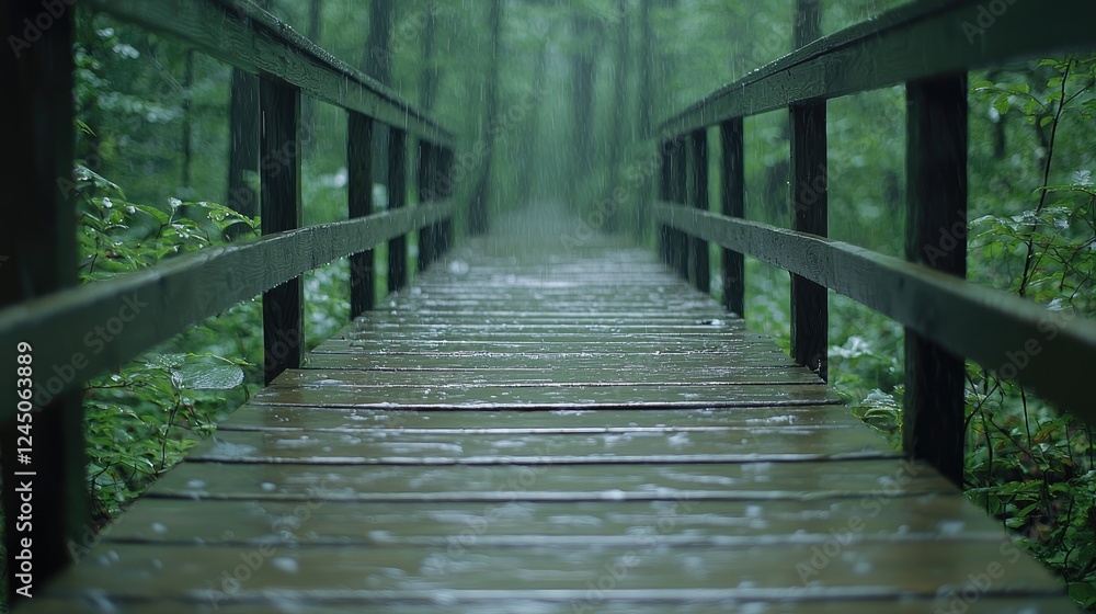 Obraz premium Rainy day walk, wooden bridge, forest path