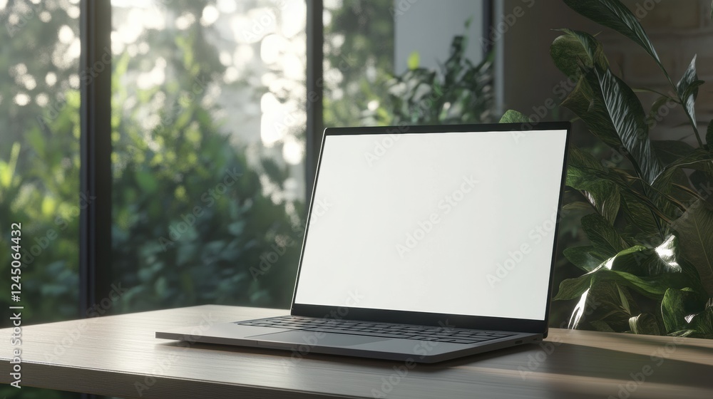 Fototapeta premium Modern Laptop Display Against Greenery Filled Window on a Wooden Desk for Work and Home