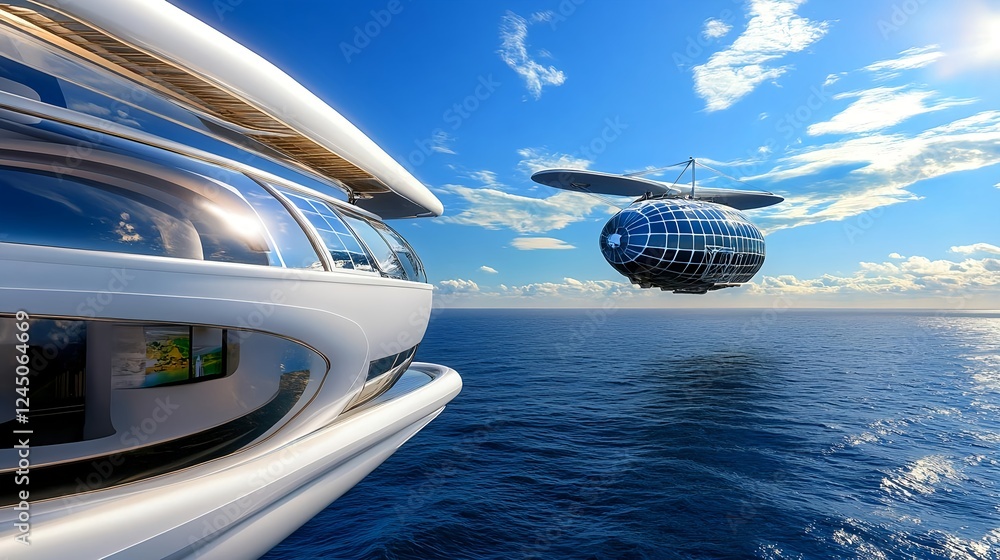 Obraz premium futuristic yacht & air vehicle ocean view - futuristic/sci-fi
