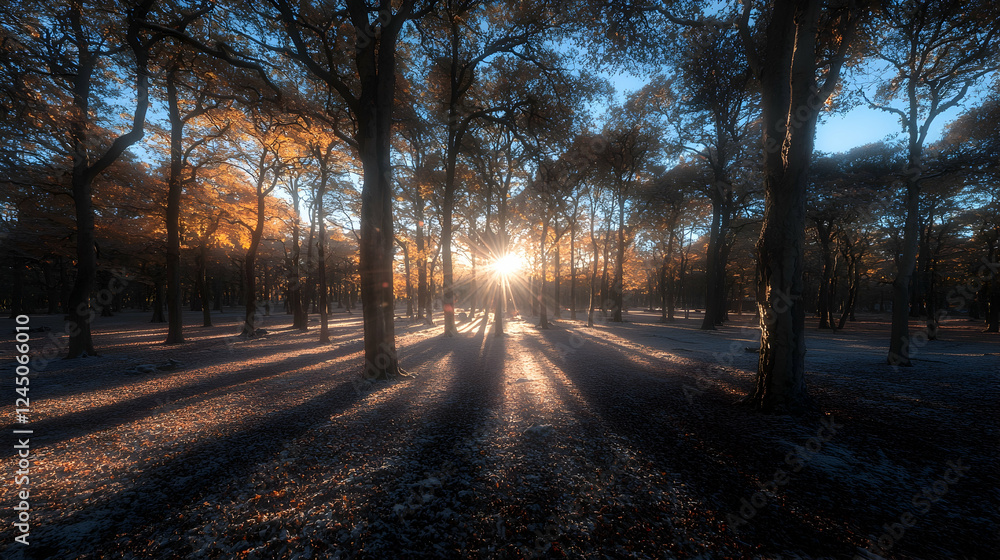 Naklejka premium Sunrise in autumnal forest, frost-covered ground, long shadows