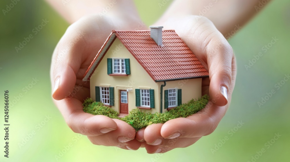 Hands Holding Miniature House Model with Green Background Hands Holding Miniature House Model with Green Background