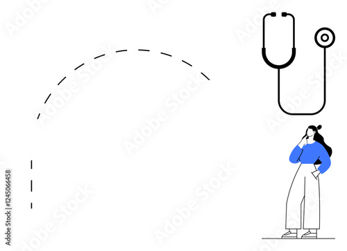Woman stands thoughtfully with a stethoscope indicating healthcare concepts. Ideal for medical advice, health diagnostics, decision-making, pondering, healthcare solutions, problem-solving, teaching