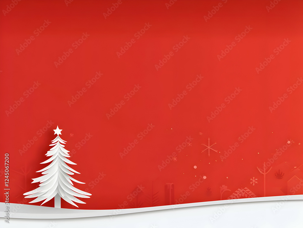 White Paper Christmas Tree Stands on a Snowy Hill Against a Red Festive Background White Paper Christmas Tree Stands on a Snowy Hill Against a Red Festive Background