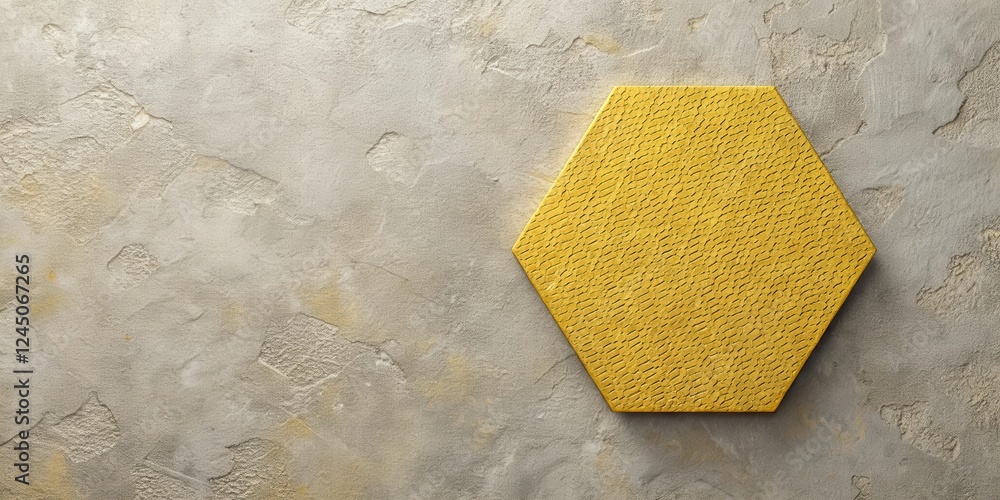 An isolated yellow hexagon set against a neutral gray or beige textured background showcasing organic shapes and lines , geometric pattern, abstract shape An isolated yellow hexagon set against a neutral gray or beige textured background showcasing organic shapes and lines , geometric pattern, abstract shape