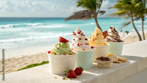 Tropical Fro-Yo Paradise: Four delightful cups of frozen yogurt, adorned with fresh fruit and tempting toppings, await a blissful beachside indulgence.