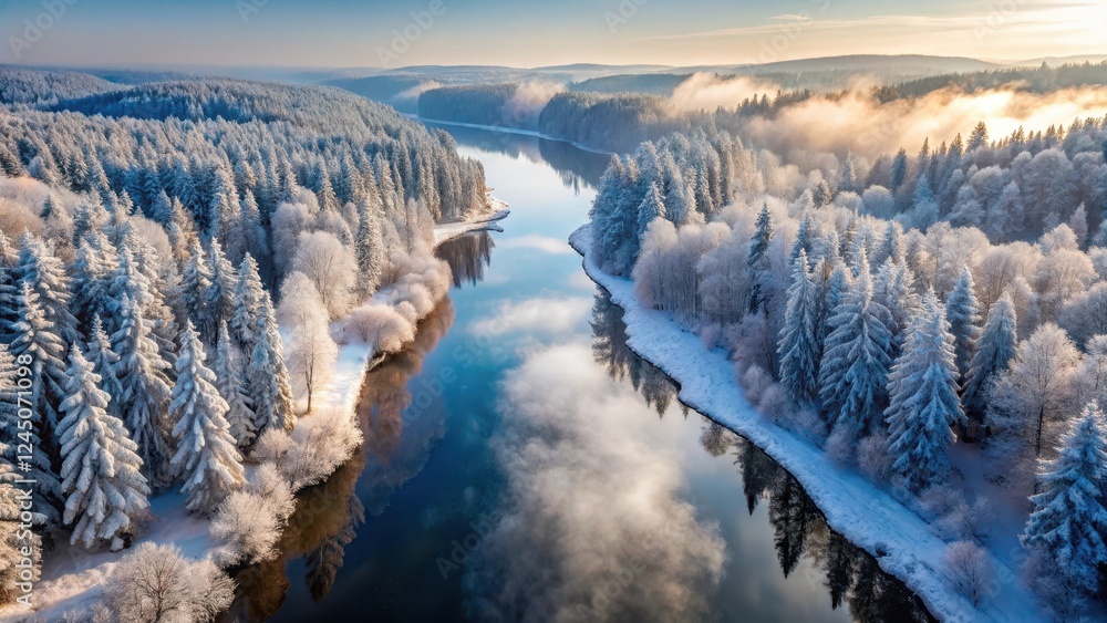 Obraz premium Aerial drone shot of snow-covered trees in a winter forest with a flowing river Gauja creating a mirror reflection, misty atmosphere, aerial photography