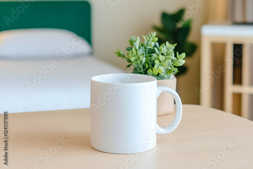 White Mug Sits on Table in ...