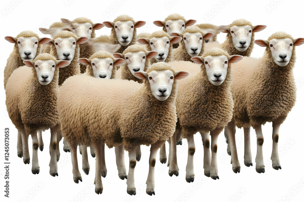 Flock of Sheep Stands Together on White Background, Showcasing Unity and Community