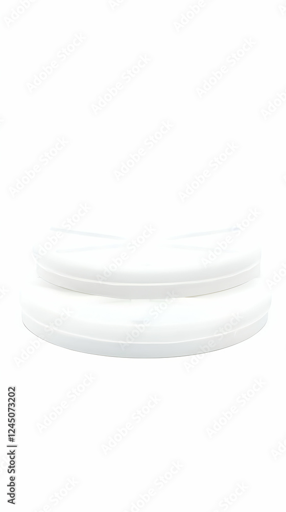 Two White Plastic Lids Resting on Each Other Against a White Background Two White Plastic Lids Resting on Each Other Against a White Background