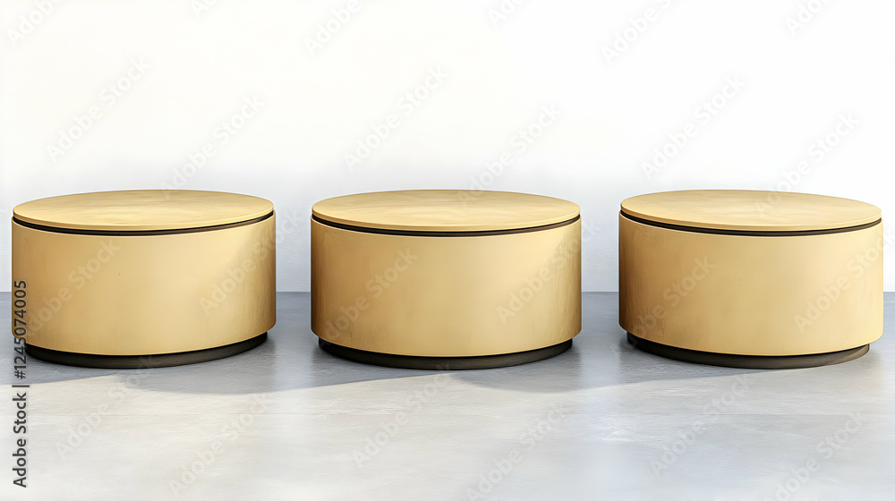 Three Empty Round Wooden Podiums Stand on a Gray Floor Against a White Wall in a Minimalist Room Three Empty Round Wooden Podiums Stand on a Gray Floor Against a White Wall in a Minimalist Room