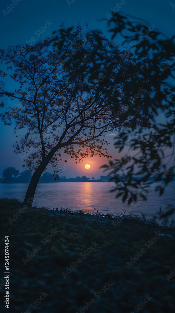 Fototapeta premium A tranquil sunset over a serene lake, framed by the silhouette of a tree. The vibrant colors reflect on the water, creating a peaceful and calming scene in nature.