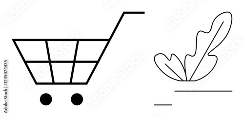 Shopping cart with two wheels and two large leaf elements, conveying sustainability, nature, and eco-friendly practices. Ideal for shopping, commerce, nature, sustainability, eco-friendly concepts