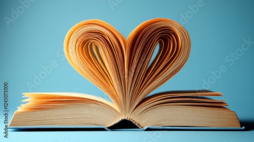 Book pages folded heart shape, blue background, love reading concept photo