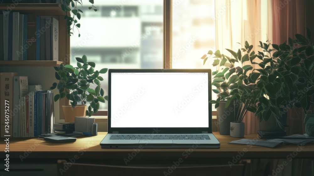 Serene Home Office with Laptop and Plants for Productivity and Creativity in Digital Workspace Serene Home Office with Laptop and Plants for Productivity and Creativity in Digital Workspace