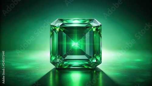 A large, unbroken emerald gemstone dominates the frame