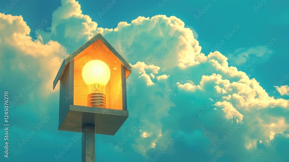 Illuminated House Shaped Lamp Against Cloudy Sky Illuminated House Shaped Lamp Against Cloudy Sky