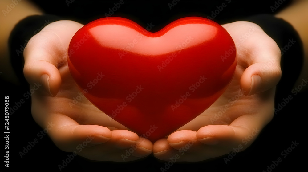 Two Hands Gently Hold a Shiny Red Heart in a Tender Embrace against a Dark Background Two Hands Gently Hold a Shiny Red Heart in a Tender Embrace against a Dark Background