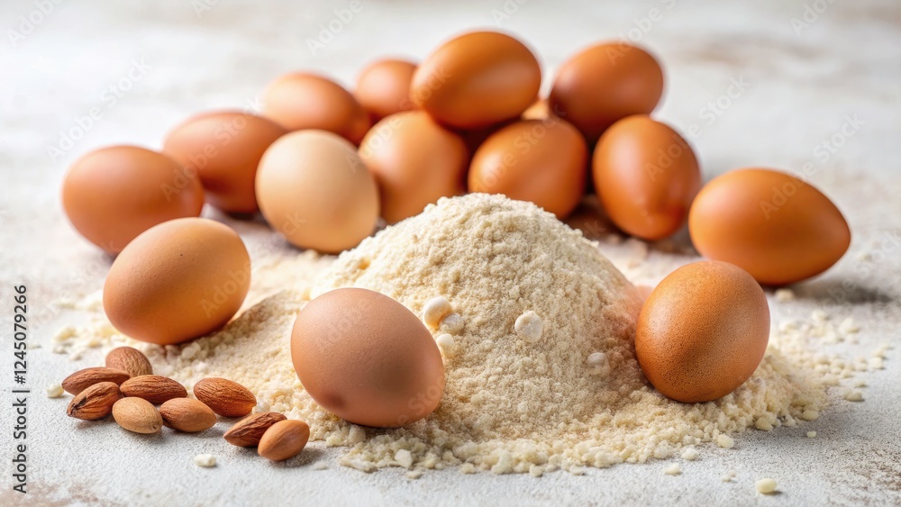 Keto Diet Food Photography: Brown Eggs & Almond Flour - Healthy Baking Recipe Keto Diet Food Photography: Brown Eggs & Almond Flour - Healthy Baking Recipe
