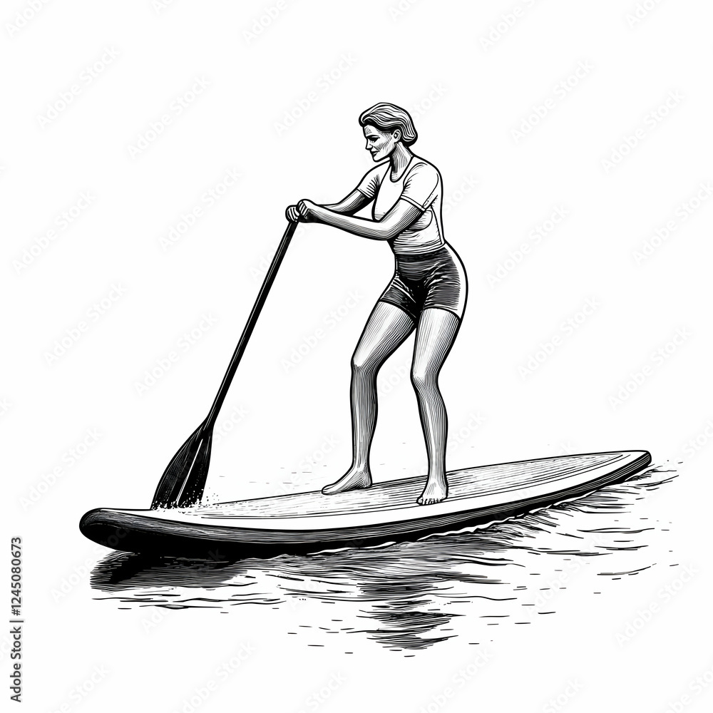 Fototapeta premium Woman Paddles a Stand-Up Paddleboard on the Water with Skill and Grace