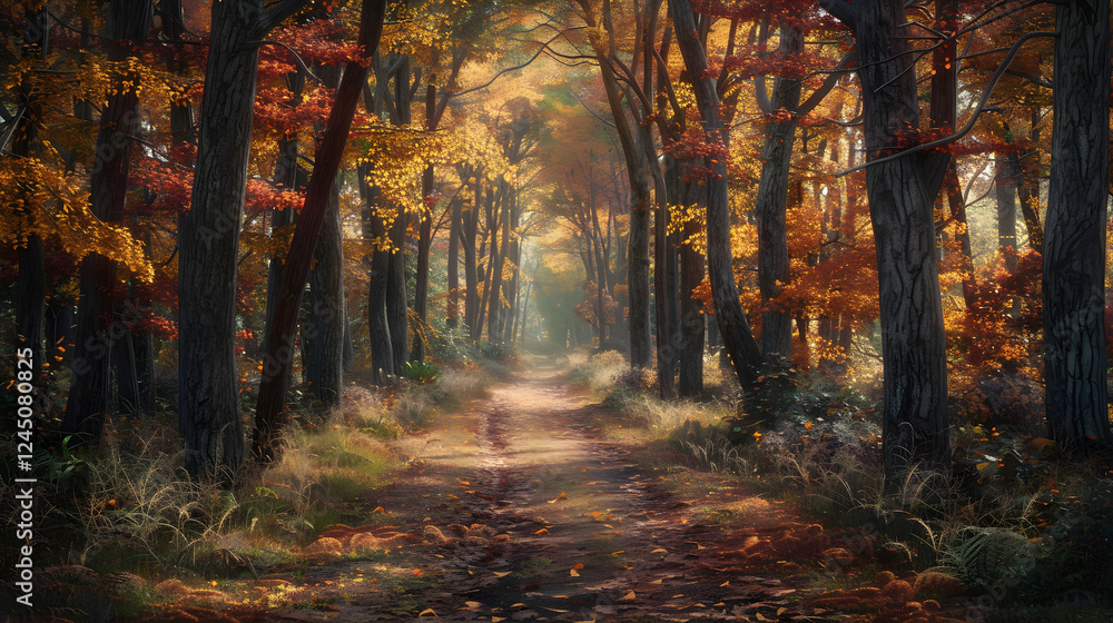 Idyllic Forest Pathway in Autumn with Vibrant Foliage and Sunlight Idyllic Forest Pathway in Autumn with Vibrant Foliage and Sunlight
