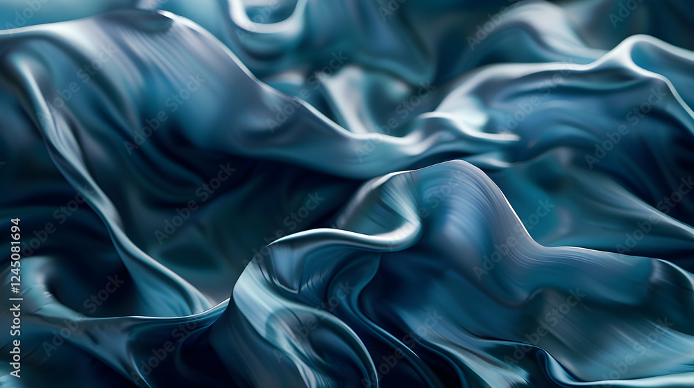 Flowing blue silk fabric creating an elegant texture with soft light illuminating the folds Flowing blue silk fabric creating an elegant texture with soft light illuminating the folds